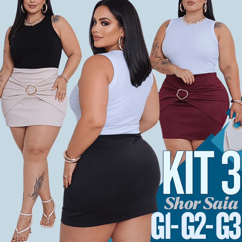 Kit 3 Short Saia Plus Size Neoprene com Fivela Dourada Festa Eventos Aniversario Envio Imediato