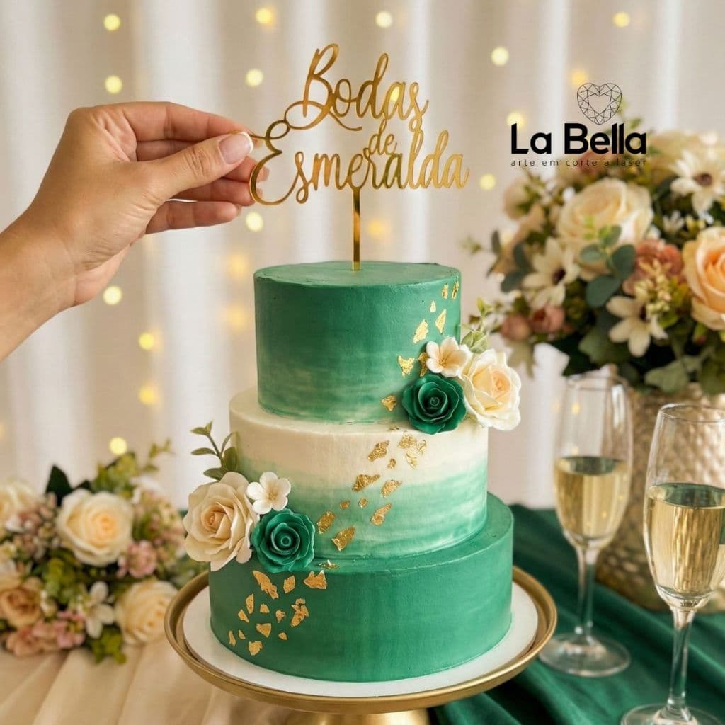 Topo de Bolo Bodas Esmeralda – Acrílico Espelhad0 | 40 Anos de Casamento
