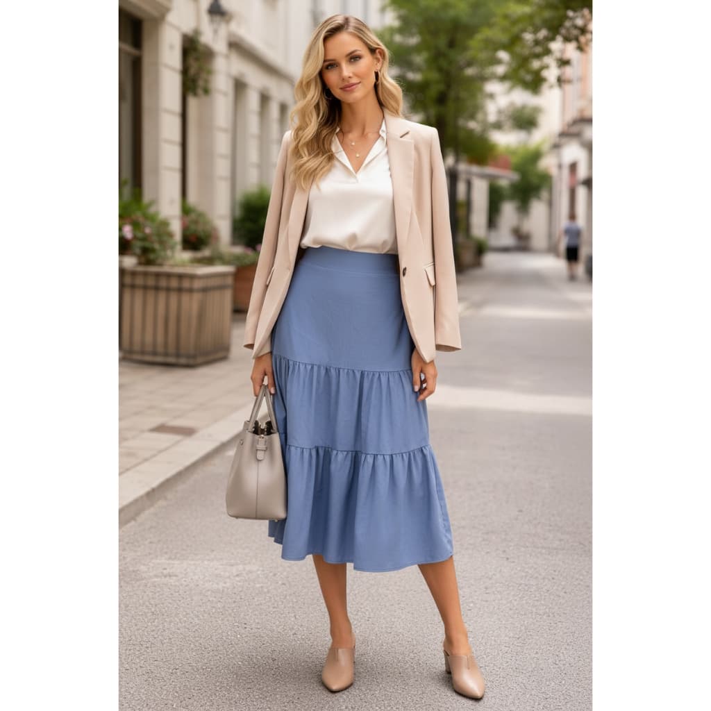 Saia Midi Evangelica Tencel Chanbray Feminina Babado Confortável Elegante Tres Marias Chic  2628
