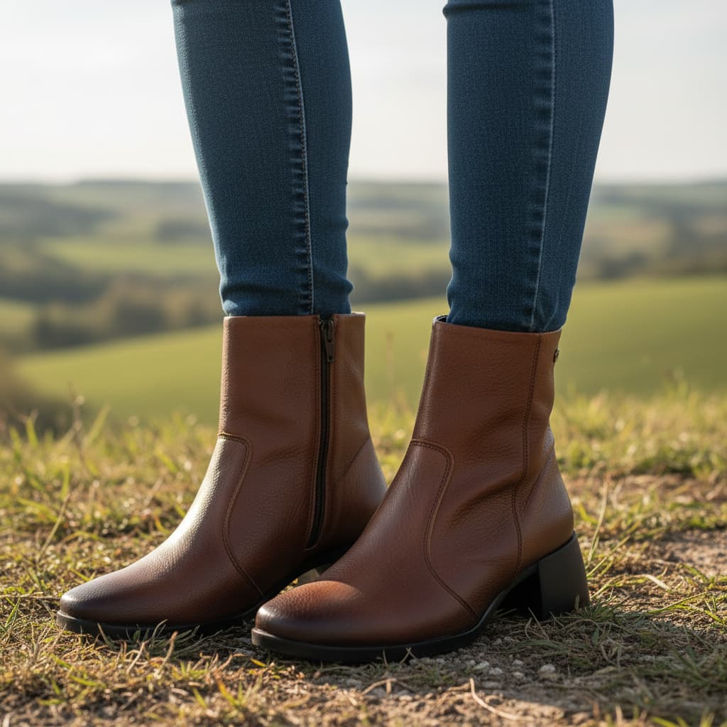 Bota Feminina Cano Curto em Couro Sintético Salto Médio Confortável