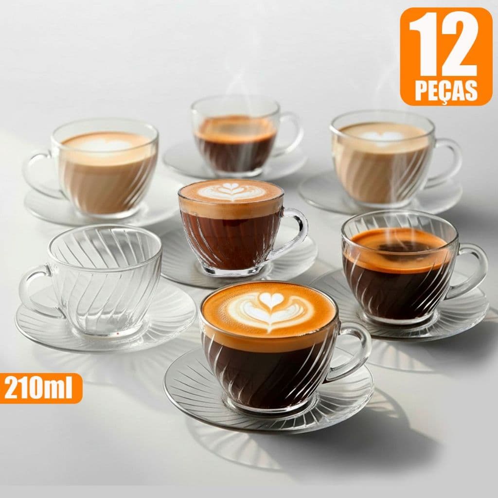 Jogo de Xícara de Vidro Kit c/ 12 peças 6 Pires e 6 Xícaras Bellagio Café Wincy Resistente Decorada 210ml