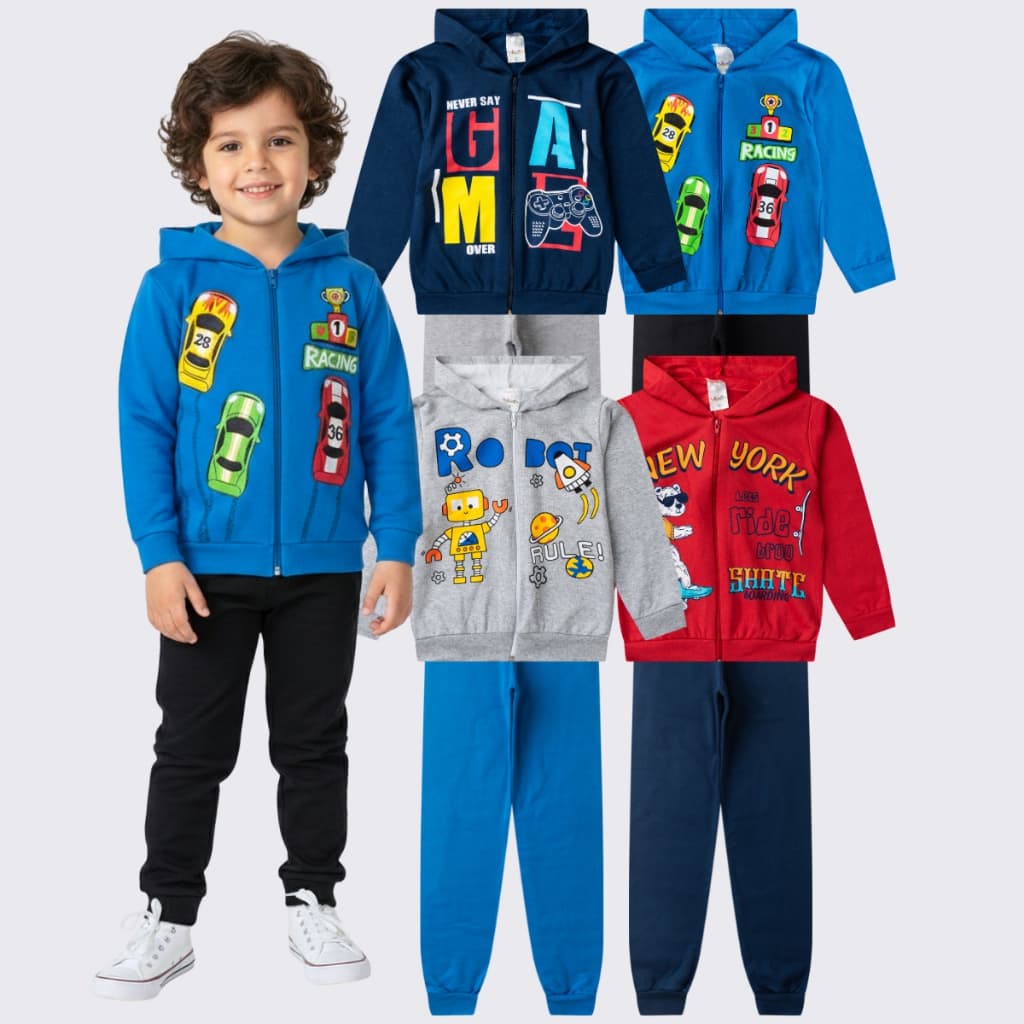 Kit 8 Peças 4 Conjunto Moletom Infantil Menino Jaqueta Ziper Inverno
