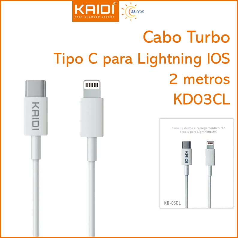 Cabo para Celular de Dados e Carregamento Tipo C para Lightning IOS 2m KAIDI KD-03CL