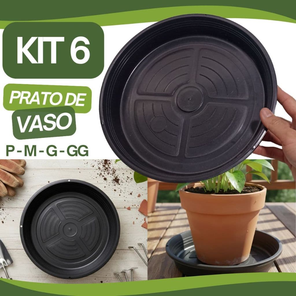 Kit 6 Prato De Vaso De Planta Coletor de Àgua Plástico Preto Com Furos Para Vaso Planta Suspenso - Pequeno Médio Grande