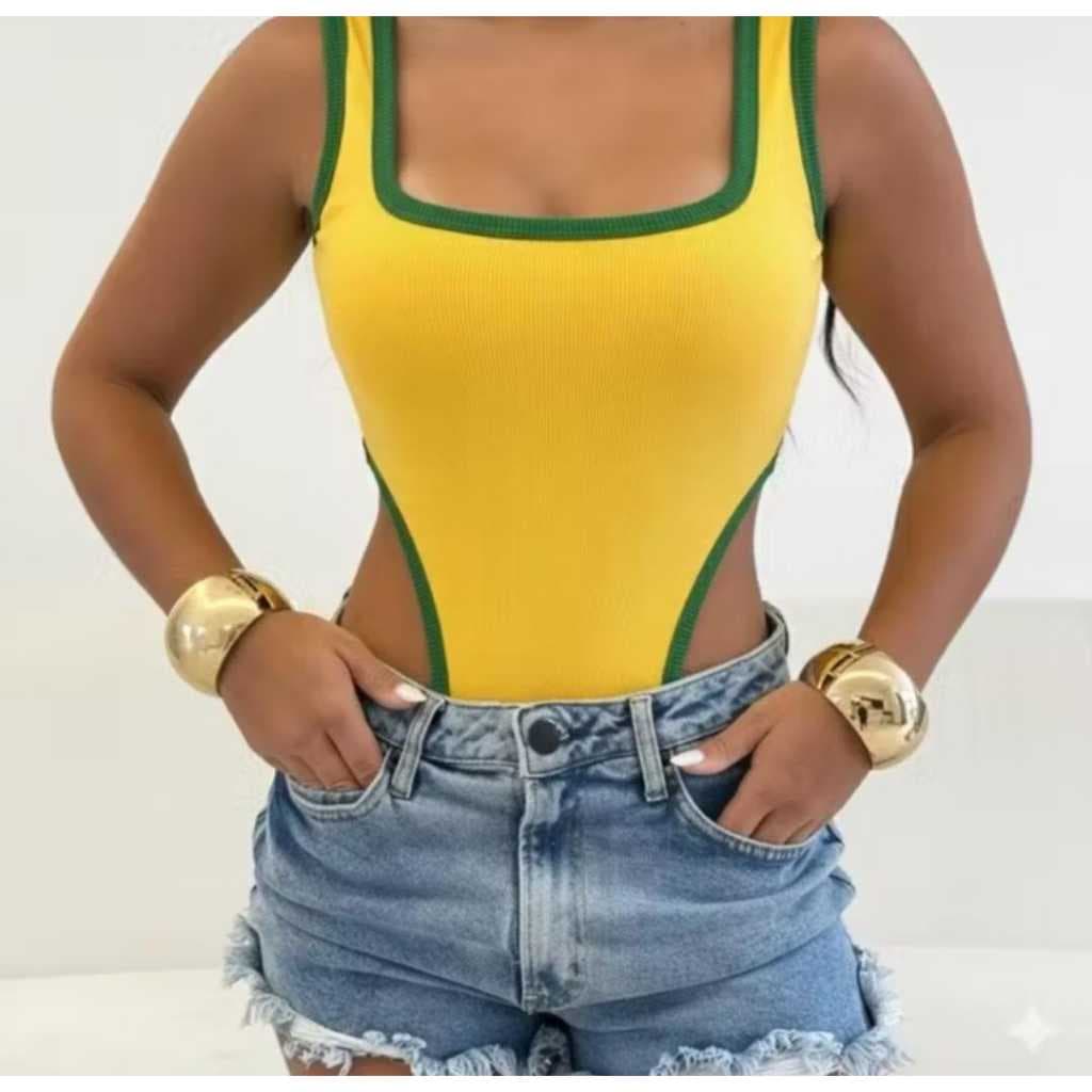 Body Bordado Brasil Cintura Cavada Decote Quadrado Estampa Brasileira Moda Esportiva Copa do Mundo