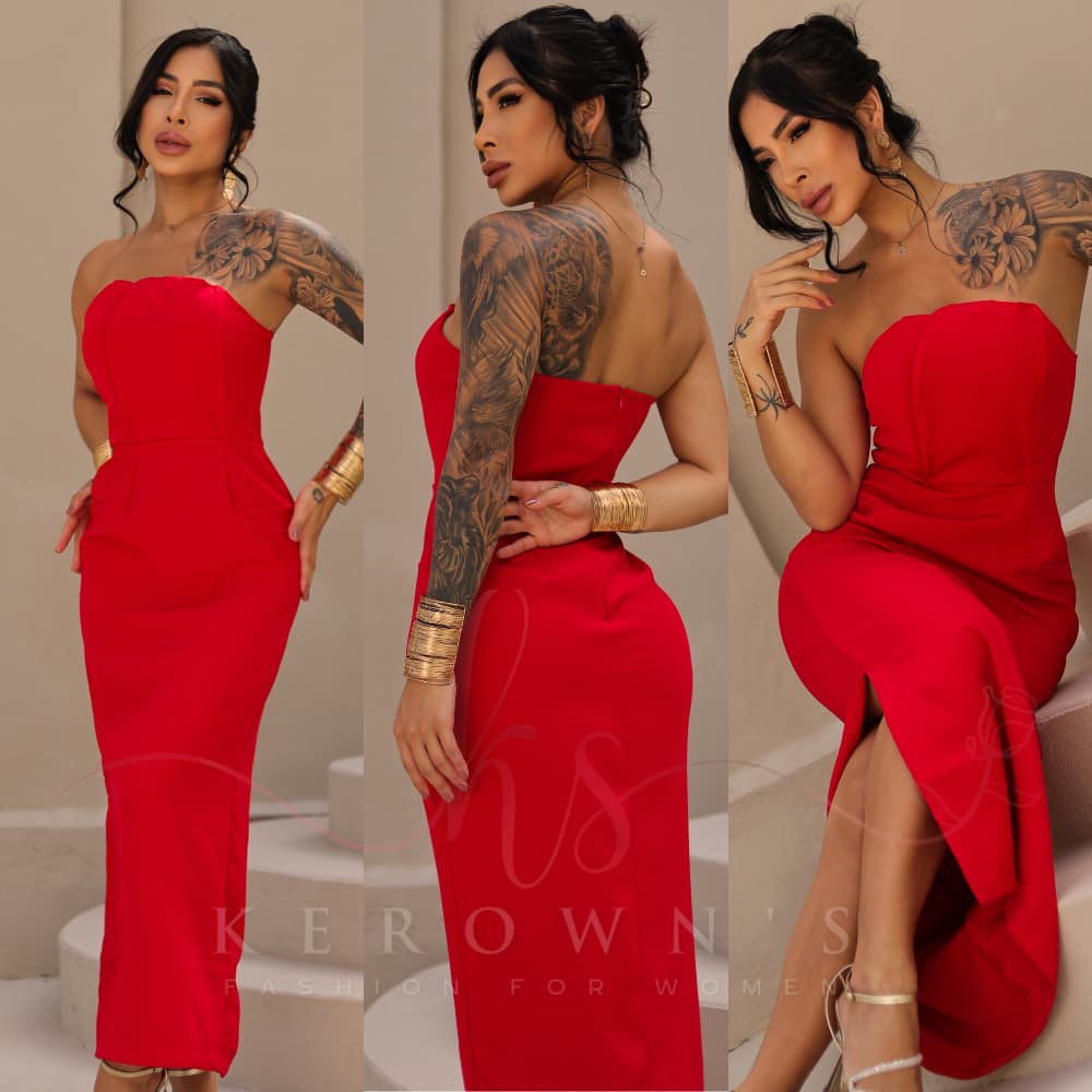 Vestido Feminino VALENTINA Midi Longo Tomara que caia elegante com zíper aro no busto fenda na perna tecido alfaiataria