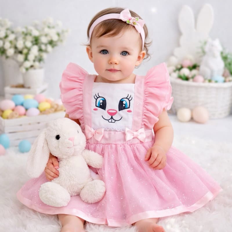 vestido romper Páscoa tule brilho bebês Mesversário Coelho