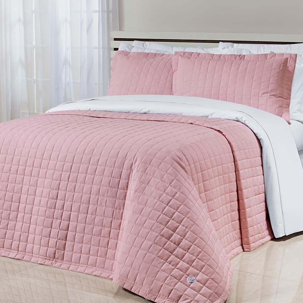 Kit Cobre Leito Colcha 3 Peças Casal Queen Quadriculado Chique Sofisticado 200 Fios 100% Algodão Toque de Seda