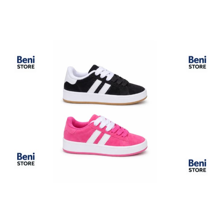 Tênis Infantil Casual Camurça Sola Borracha Natural 2 Cadarços Rosa Preto