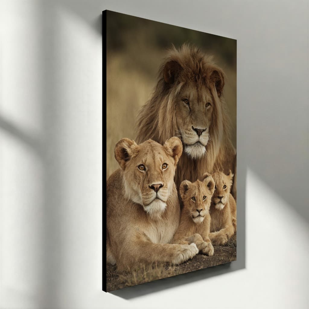 Quadro Decorativo Família de Leões Arte Realista Tela Vertical Sala Moderna Natureza Selvagem