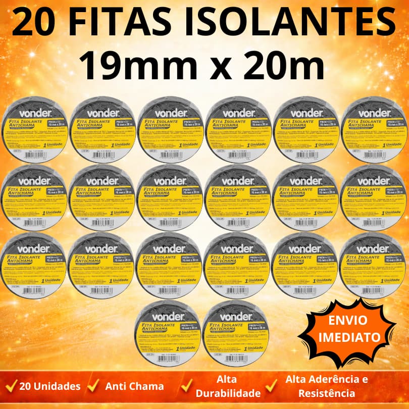 Kit 20 Fitas Isolantes 19 mm x 20 Metros Preta Vonder Anti Chama