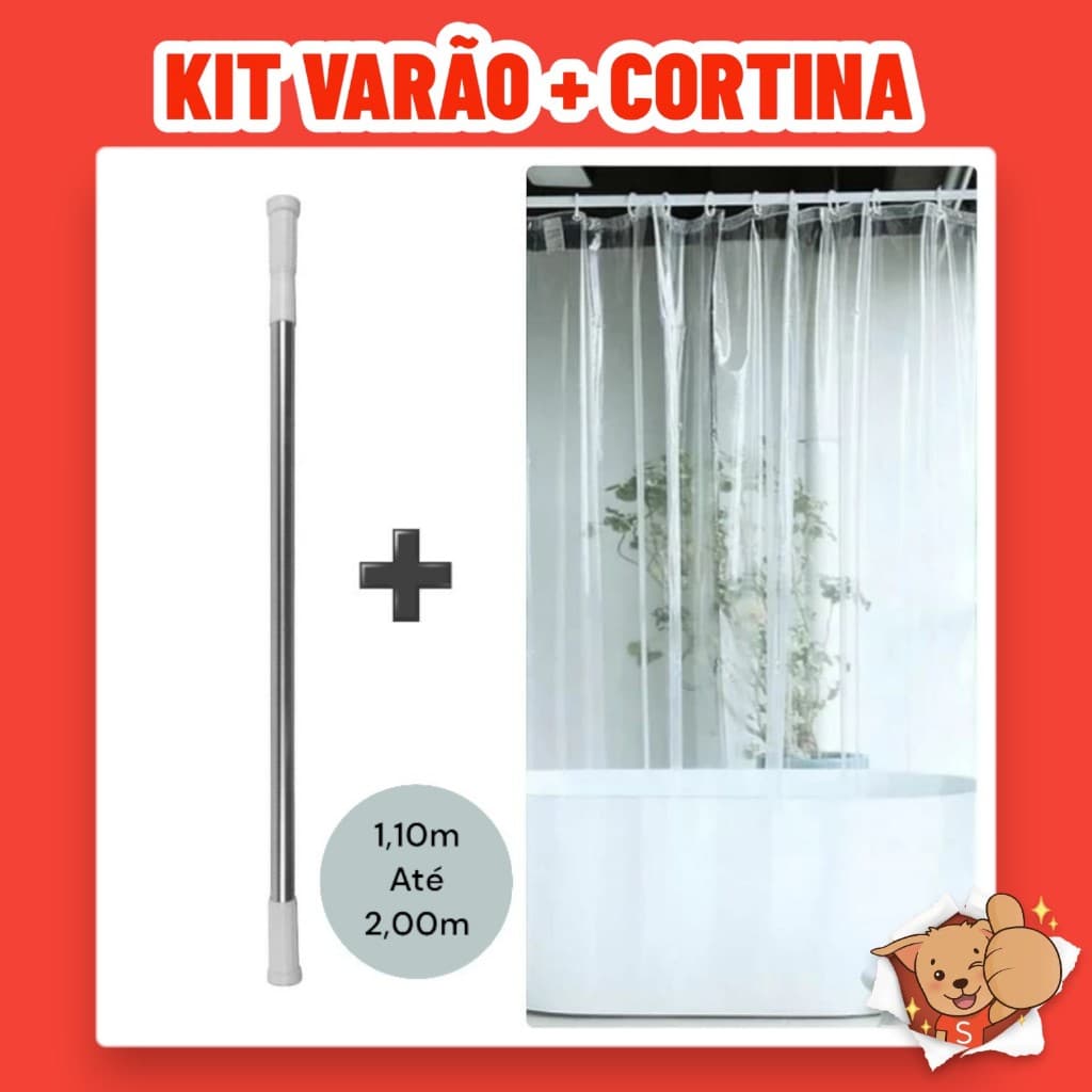 Kit Varão + Cortina para Box de Banheiro Transparente Bastão Extensível Alumínio 1,10m até 2,00m