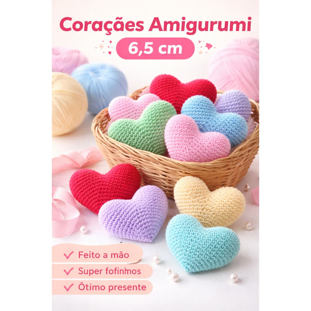 Kit Corações Amigurumi 6,5 cm – Kit com 1, 2 ou 4 Unidades – Artesanal para Presente, Lembrancinha e Decoração | Pronta