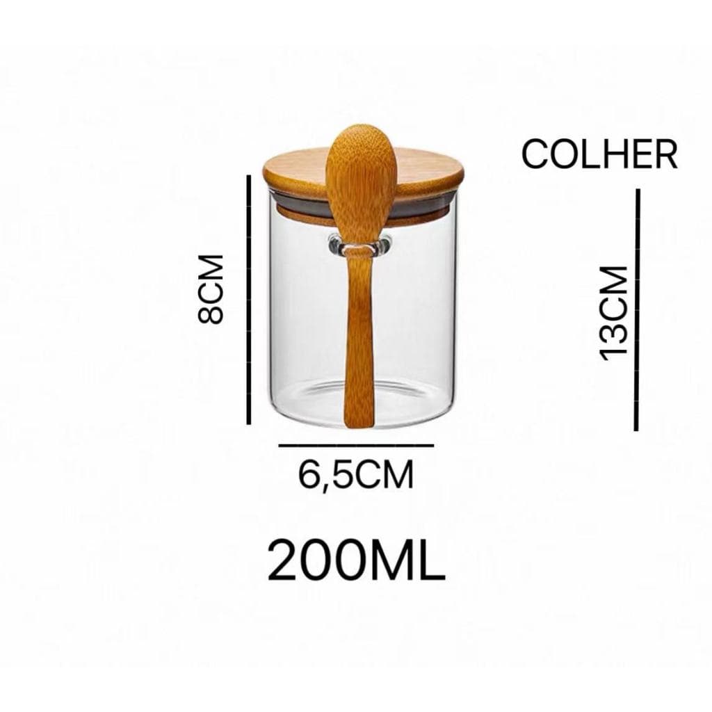 Pote de Vidro Hermético com Tampa e Colher de Bambu 8x6,5cm - 200ml