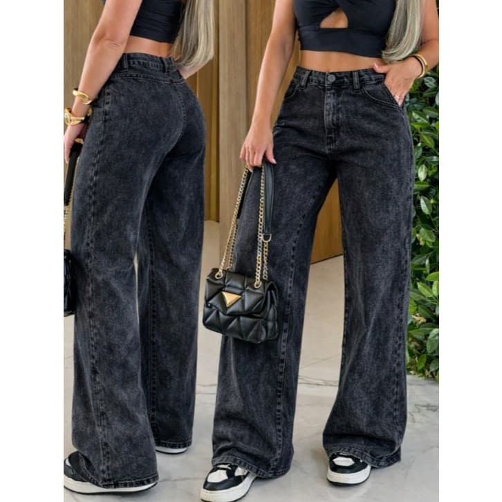 Jeans Wide Leg Feminina Marmorizada Modelagem Ampla Moda Premium