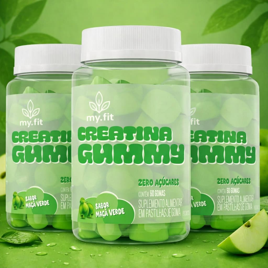 Creatina Gummy, Sabor Maçã Verde (60 Gomas) 3g de Creatina por Dose, Zero Açúcar - My Fit Força academia