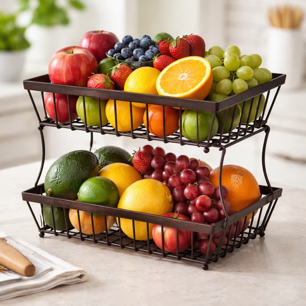Fruteira Metálica Preta 2 Andares Cesto Organizador Frutas Legumes para Cozinha Bancada