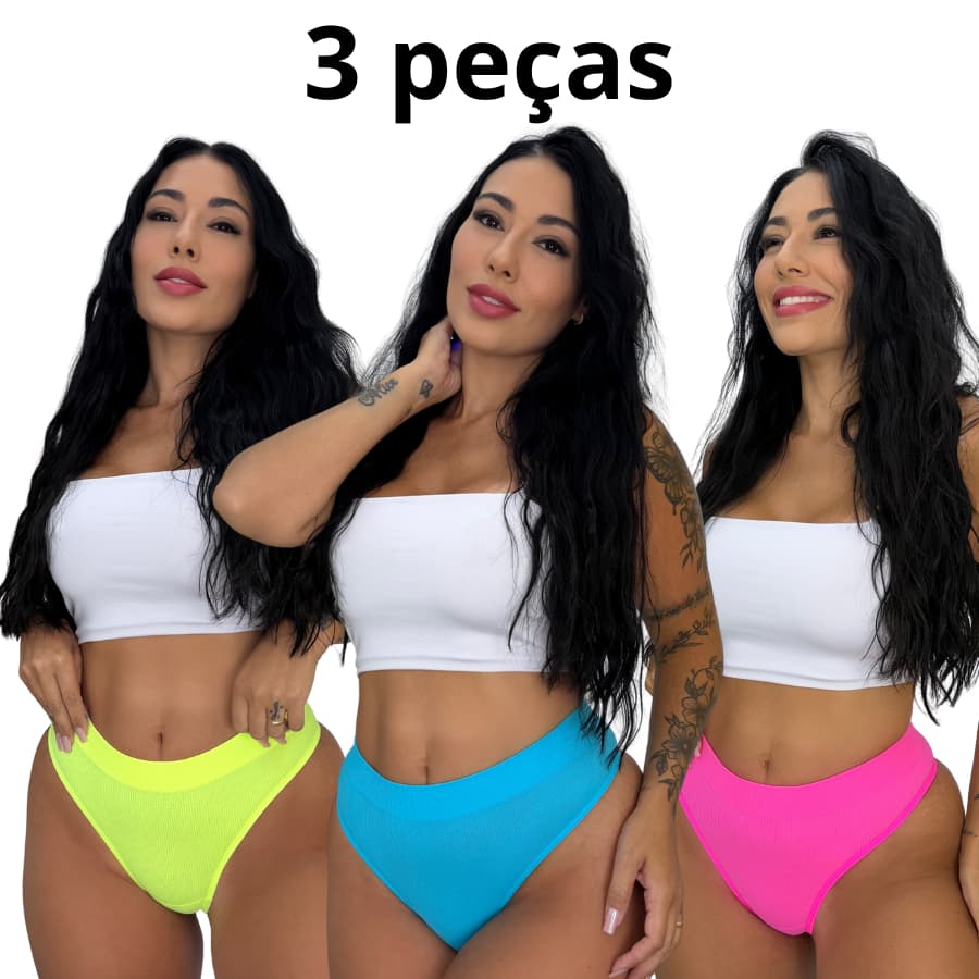 Kit 3 Calcinha Tanga Canelada Feminina Poliamida Confortáveis Design Anatômico