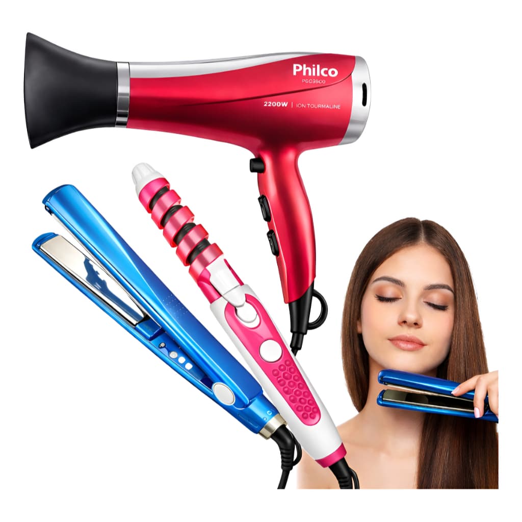 Kit Secador Philco 2200w + Chapinha Nano Titanium Profissional + Modelador De Cachos Bivolt Spiral Bivolt