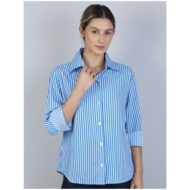 camisa social feminina listrada com botões social elegante