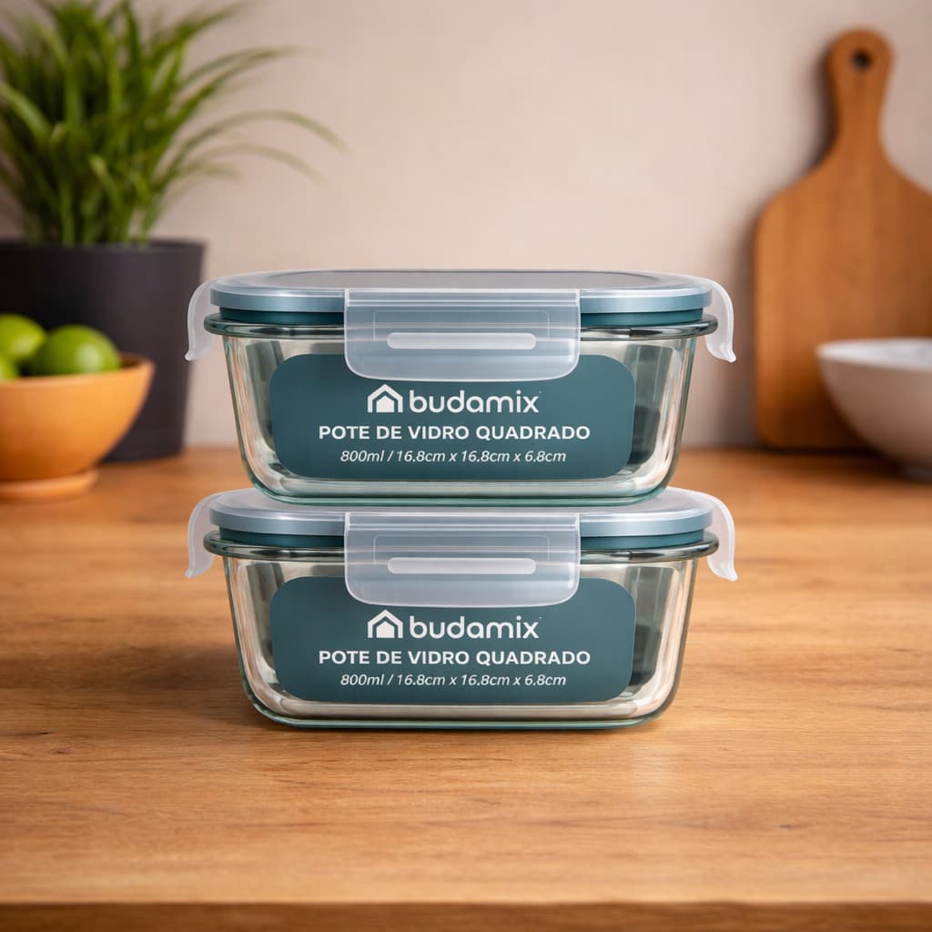 Kit 2 Potes de Vidro 800ml Quadrado Hermético Marmita 4 Travas Microondas