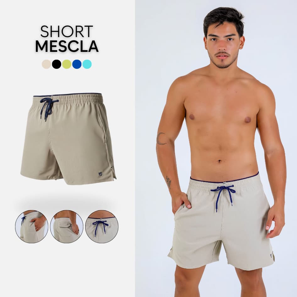 Short Mescla Elastano Recorte Lateral Fenda Bolsos Liso Texturizado Mauricinho Passeio Verão Praia