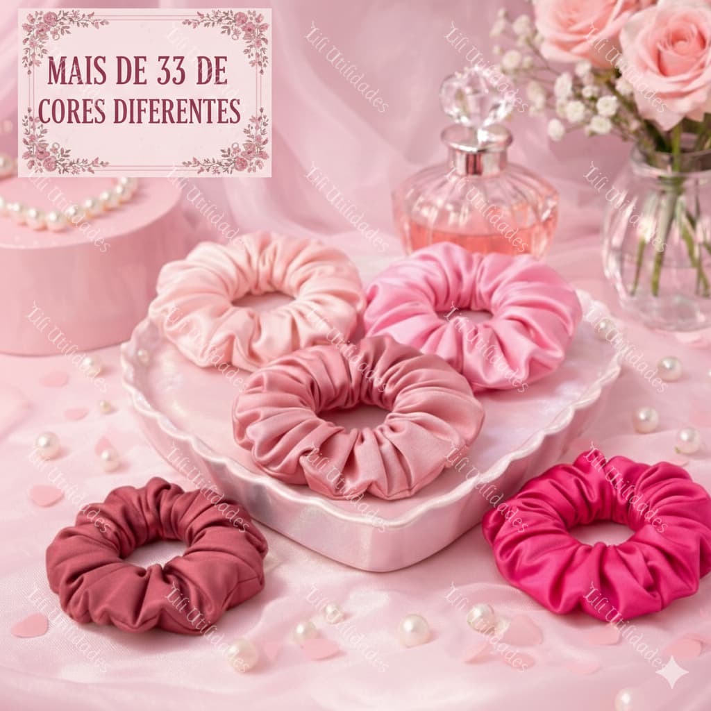 Kit 100 Xuxinhas de Cetim Charmousse com Costura Embutida Scrunchie Anti Frizz Luxo