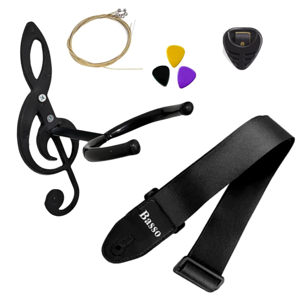 Kitzão 5 em 1 - Correia + conjunto de cordas + suporte de violão + suporte de palhetas + 3 palhetas