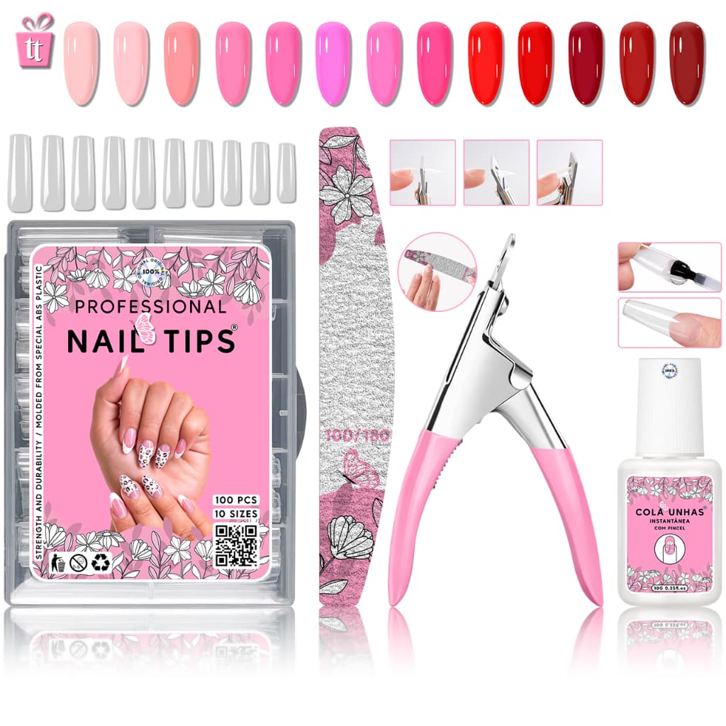 Kit Alongamento de Unha 100 Unhas Tips Postiça Curvatura C + Tek Bond Super Cola + Alicate Cortador de Tips + Lixa