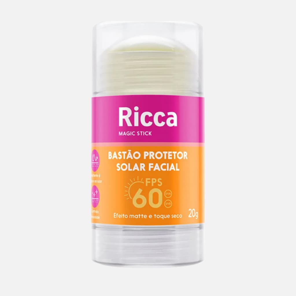 Bastão Facial Protetor Solar FPS 60 Ricca 20g Proteção Alta e Toque Seco Para Todos os Tipos de Pele