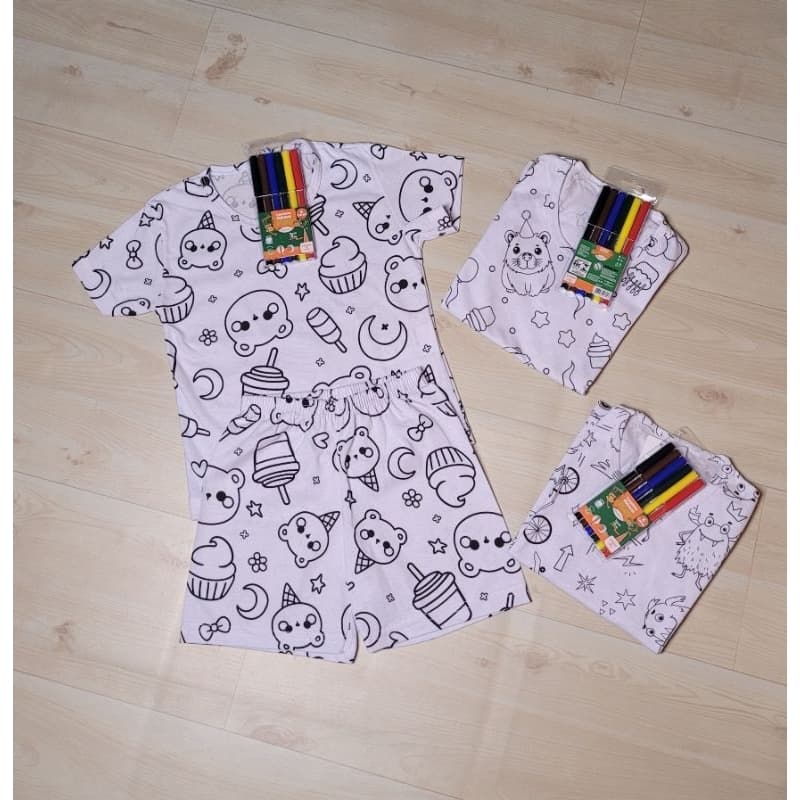 Conjunto Pijama Unissex infantil e juvenil, Conjunto pijama de colorir com kit de canetinhas, pijama lavável.