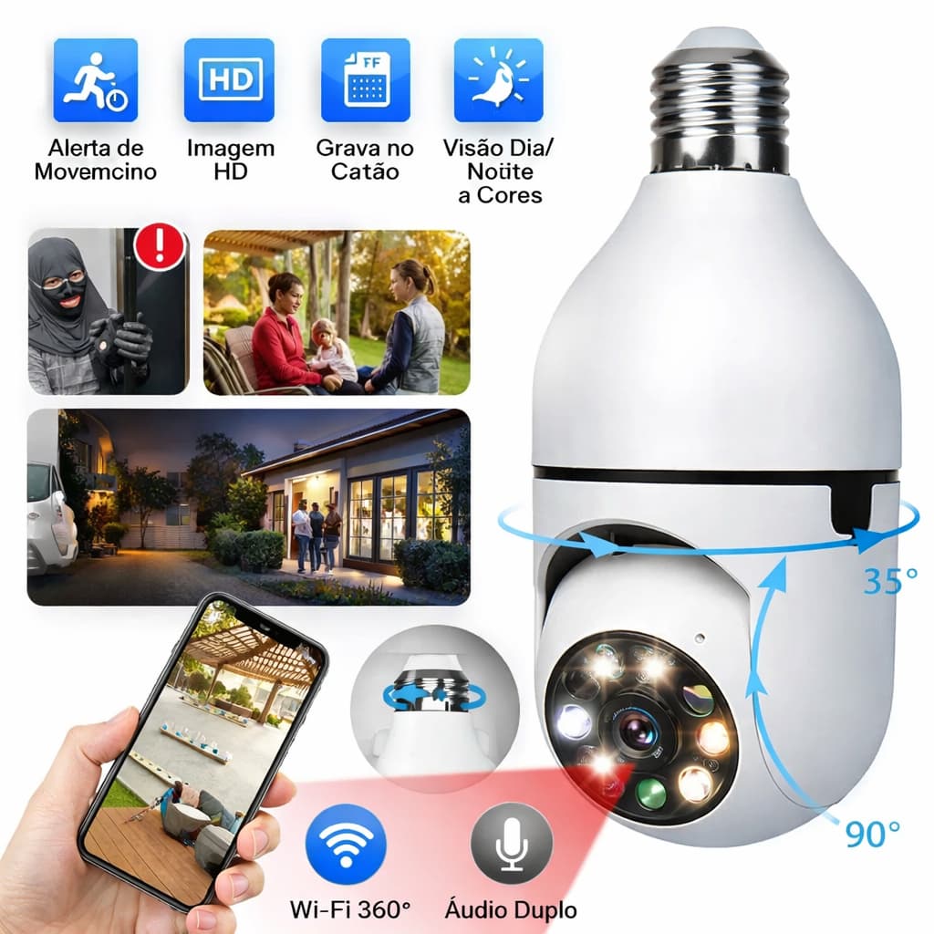 Câmera Segurança Lâmpada IP WiFi 360° Monitoramento Residencial Full HD Zoom App Android iOS Bivolt Discreta