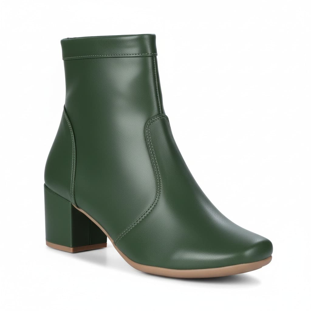 Bota Feminina  Lisa Verde Salto Bloco Com Fechamento Ziper de Bico Quadrado Salto Grosso Moderna Basica Estilo Texana