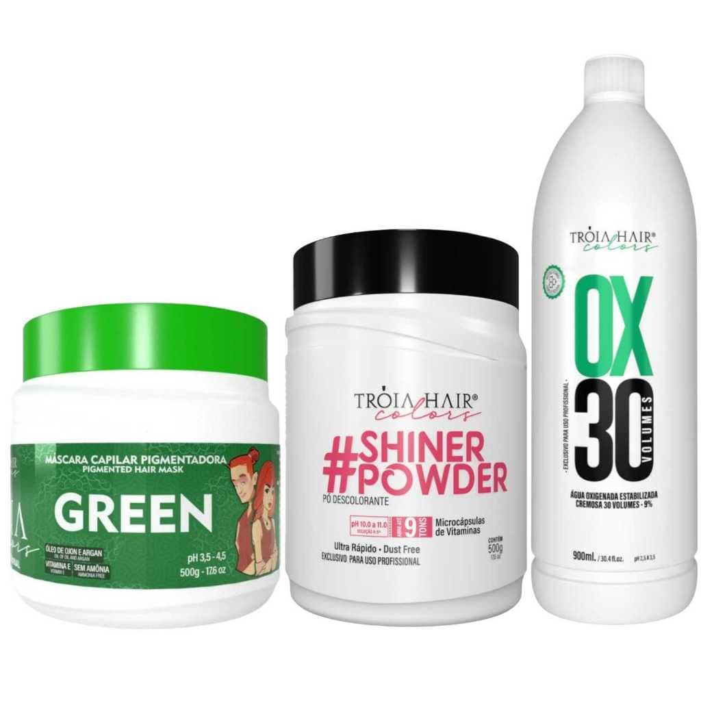 Pó Descolorante Premium 500g + OX 30 900ml + Troia Colors Green 500g - Troia Hair