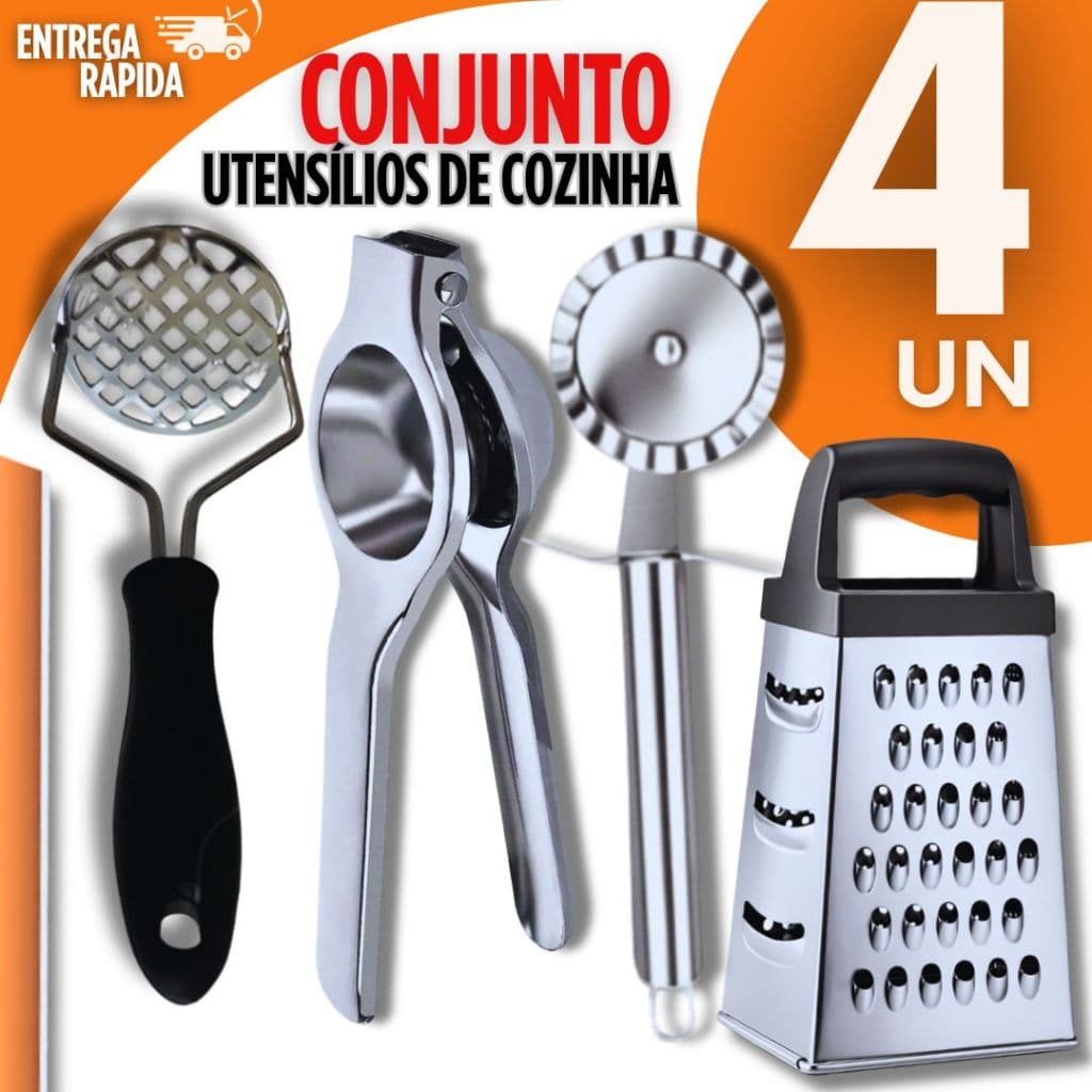 Kit inox 4 pcs Ralador 4 Faces + Espremedor de Limão Cortador de Pastel Amassador de Batatas Premium