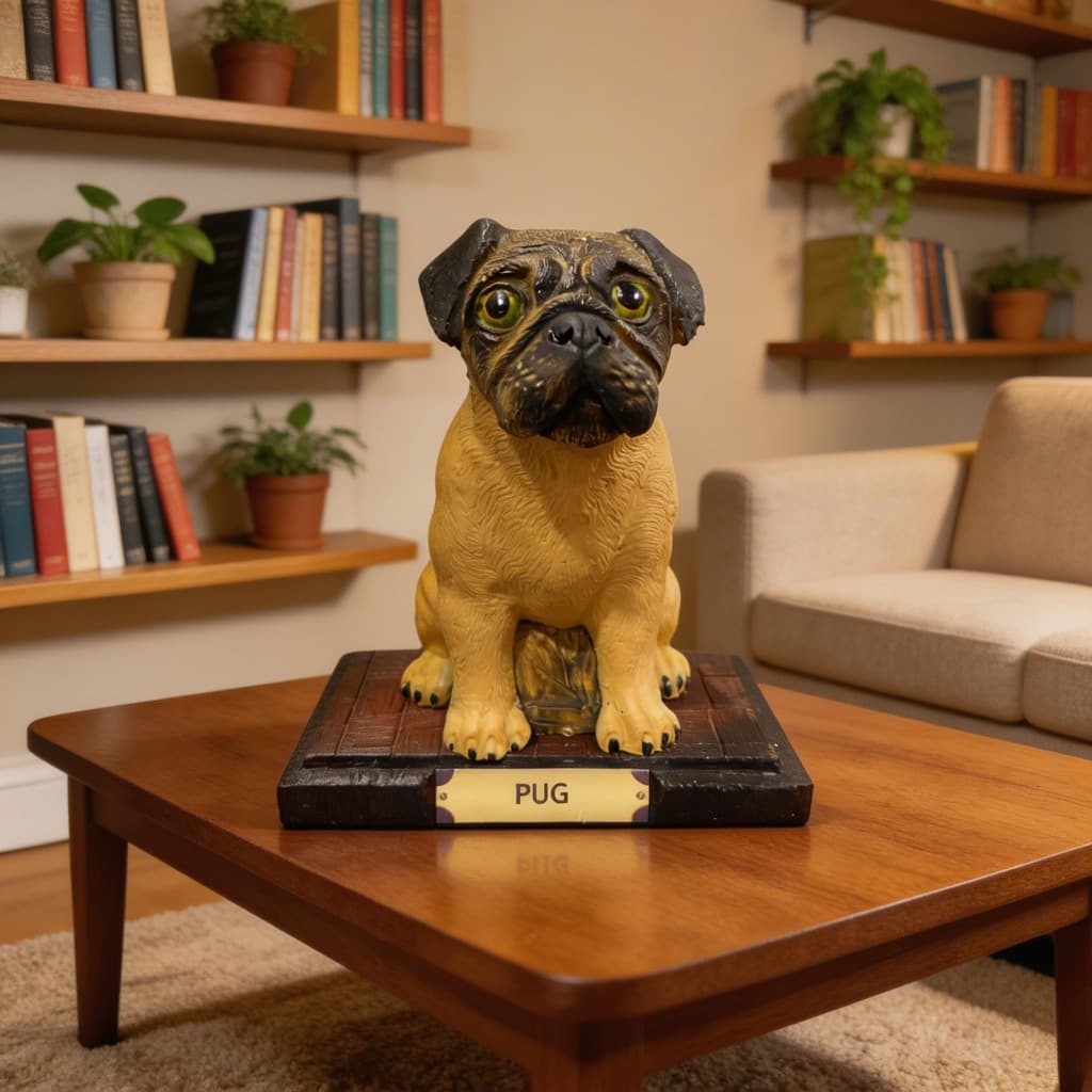 Escultura Decorativa Pug Charmoso Em Resina Com Base Marrom claro