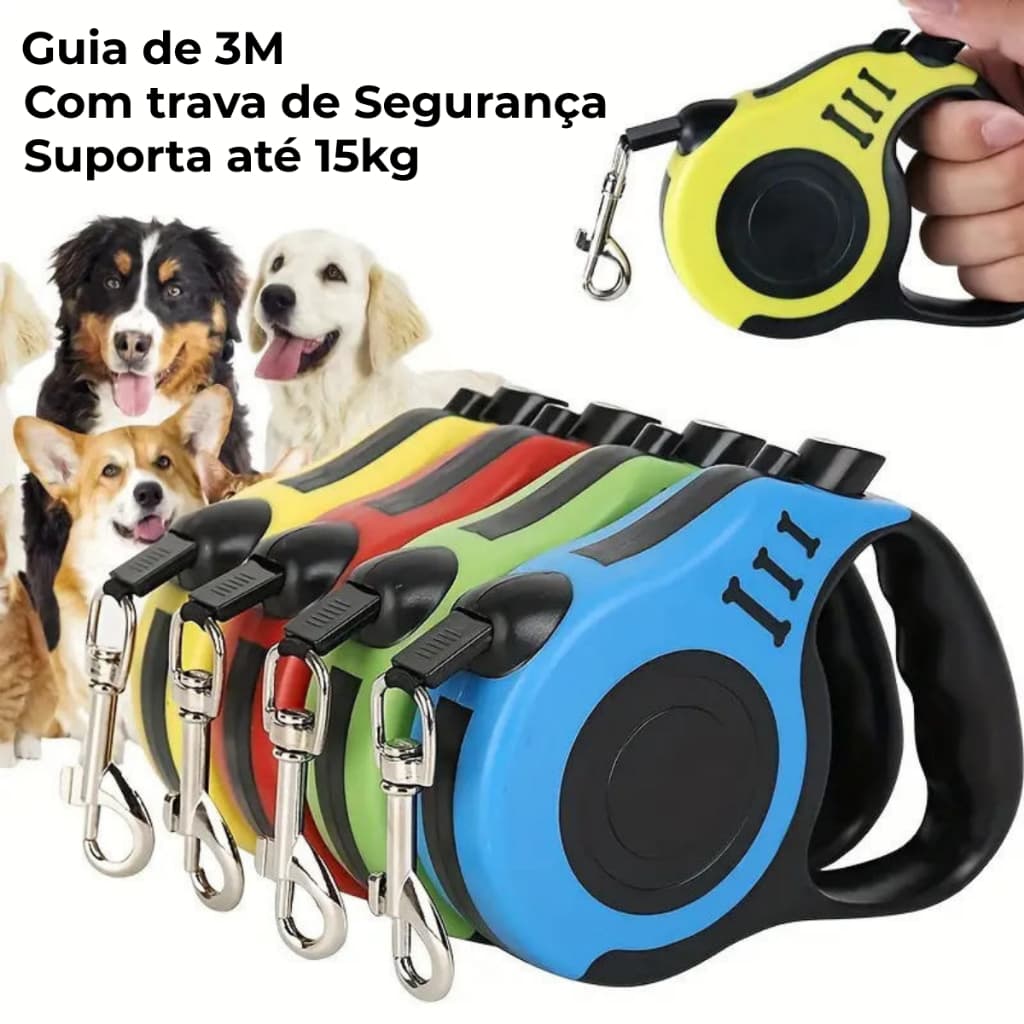 Guia Retrátil 3m para Cachorro e Gato até 15kg Coleira Automática Resistente Trava Segura passeio
