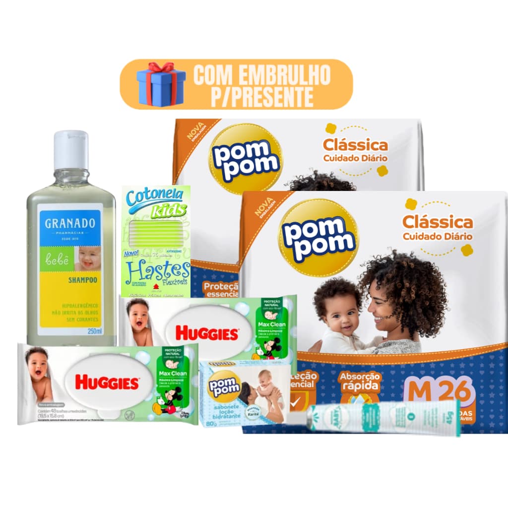 Kit Higiene Bebe Lenços Umidecidos Fraldas Huggies Tripla Proteçao e Shampoo