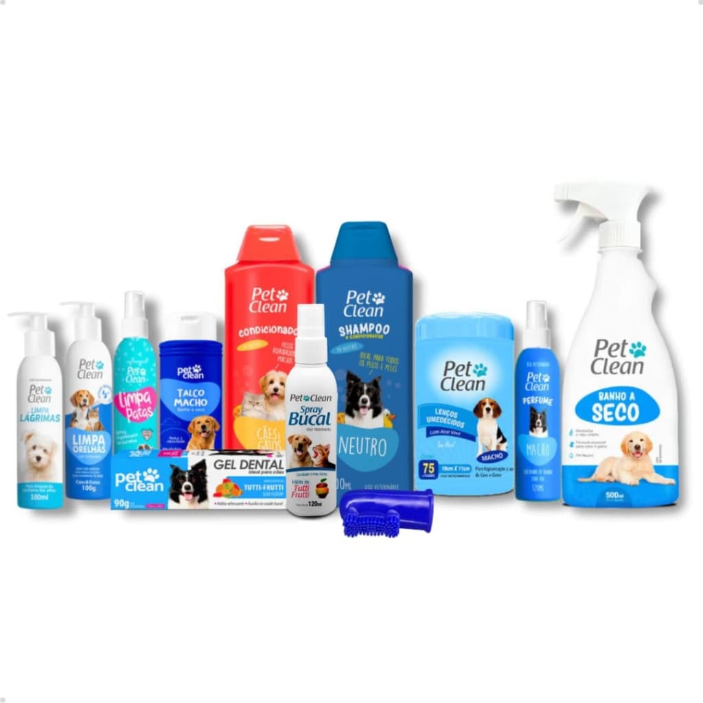 Kit Higiene Pet Clean para Cães e Gatos Shampoo Banho a Seco Perfume Lenços