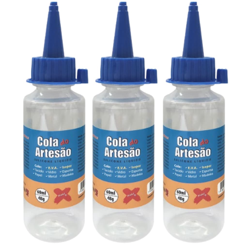Cola Silicone Artesão Líquida 60ml Kit Com 3 Unidades Transparente Atividades Escolar Eva Decoração