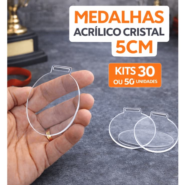 Kit Medalhas Acrílico Cristal 2mm 3mm Redonda Lisa 5cm | 30 ou 50 Unidades Para Premiação
