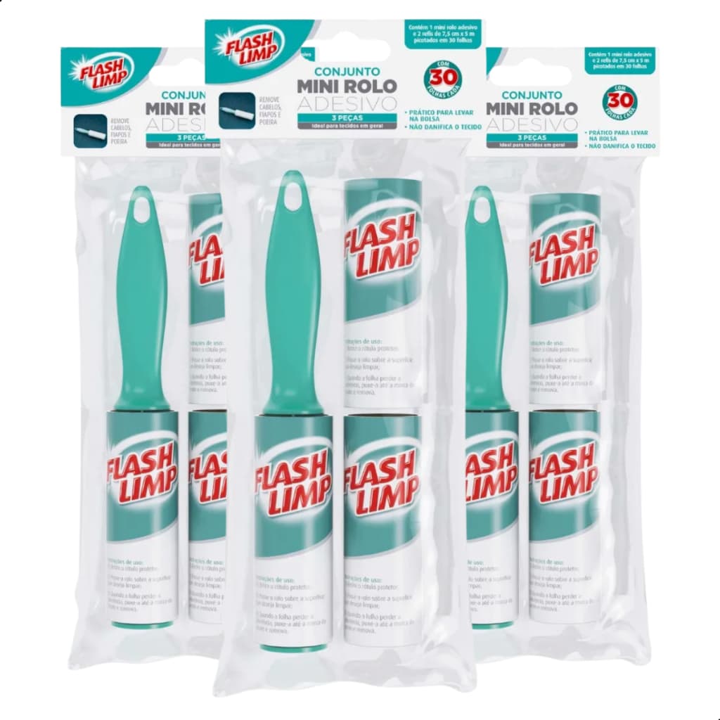 Mini Rolo Adesivo + 2 Refis Tira Pelos 30 folhas Flash Limp