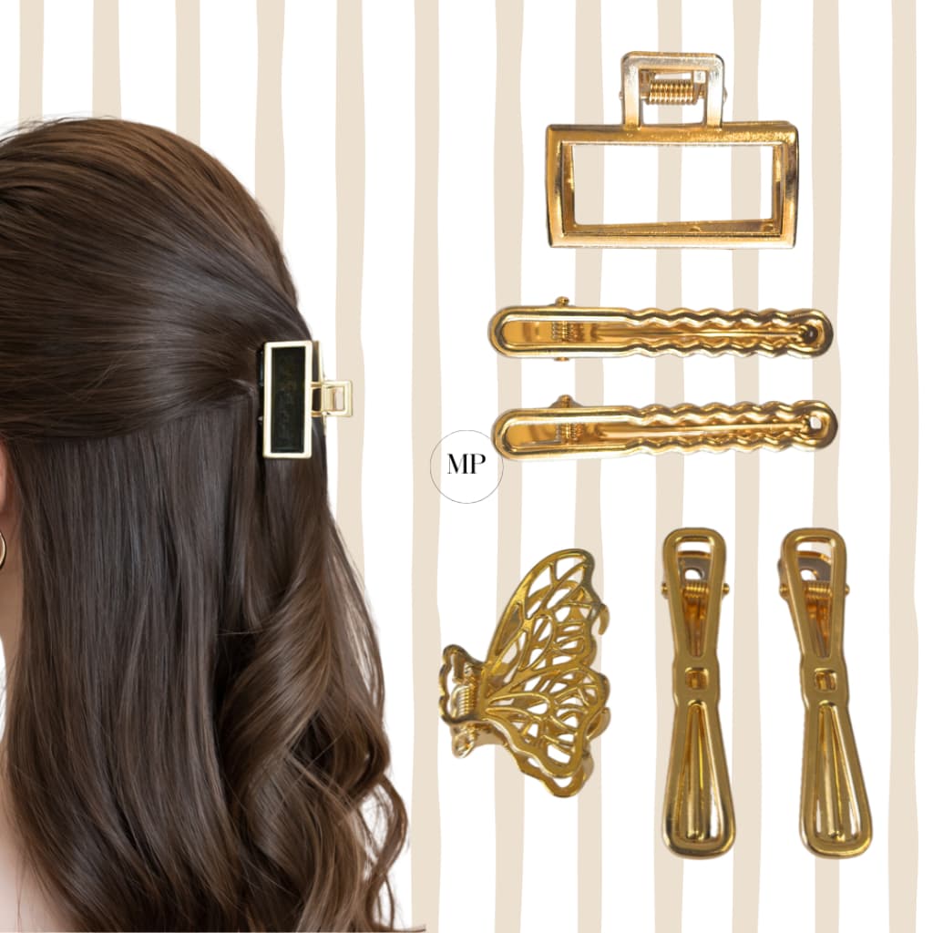 Kit 3 Acessórios de Cabelo Metal Gold 1 Piranha + 2 Presilhas Onduladas Douradas Penteados Femininos