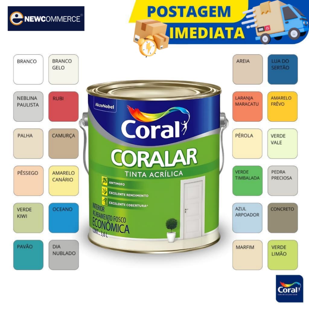 Tinta Acrílica Coralar Anti Mofo Coral Fosco 3,6L - Escolha sua cor!