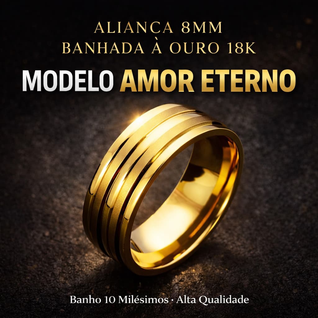 Aliança de tungstênio 8 mm banhada a ouro 18 k modelo amor eterno