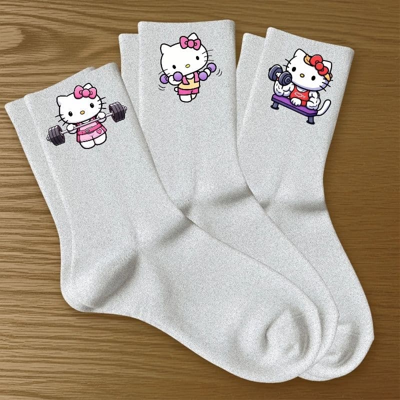 Kit 3 Pares Meias Brancas Esportivas Algodão Hello Kitty Academia Confortável