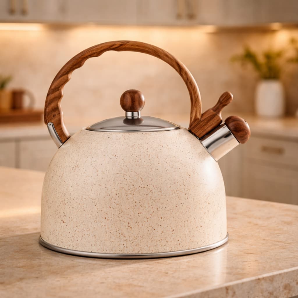 Chaleira Inox com Apito Revestimento Cerâmico Cabo Amadeirado 2 Litros Mimo Style Chaleira Retrô