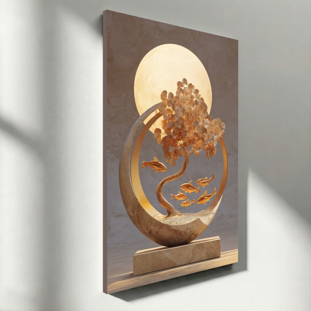 Quadro Decorativo Árvore da Vida Dourada com Peixes Arte 3D Vertical