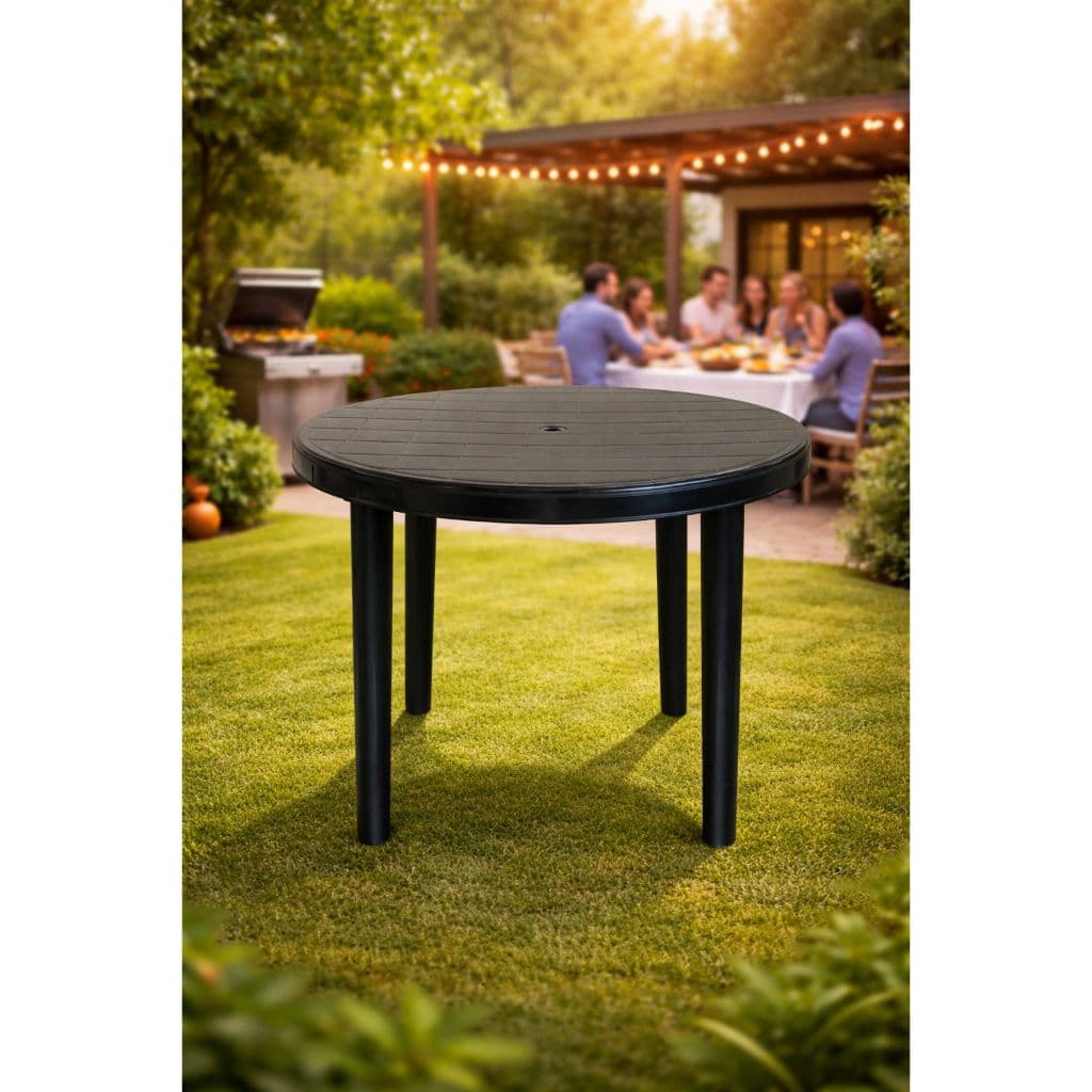 Mesa Preta Redonda Desmontável   com Furo para Guarda-Sol Ideal para Jardins Festas Refeiçoes Cozinha