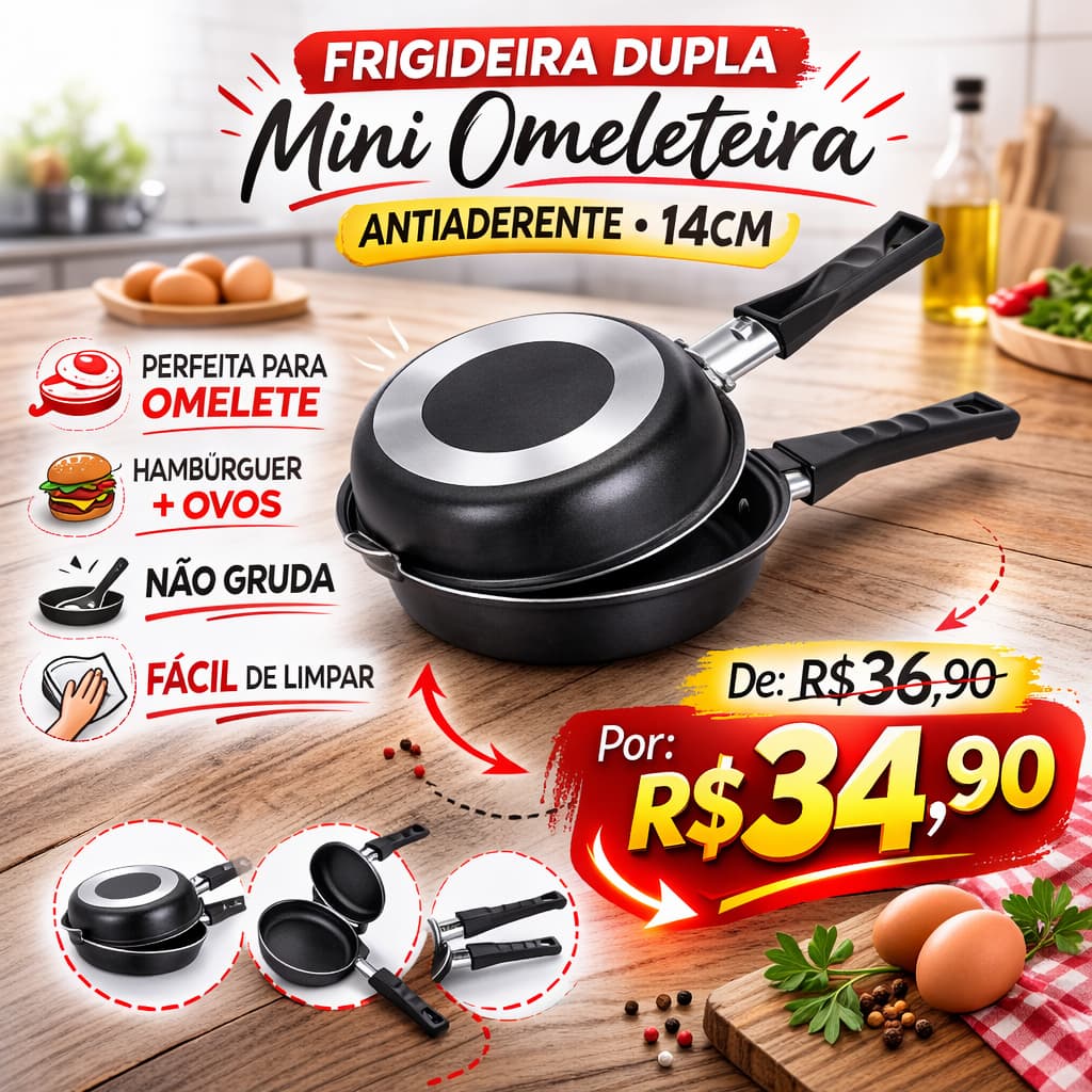 Frigideira Dupla Omeleteira 14cm Antiaderente Mini Para Omelete Hambúrguer Ovo Fácil de Virar